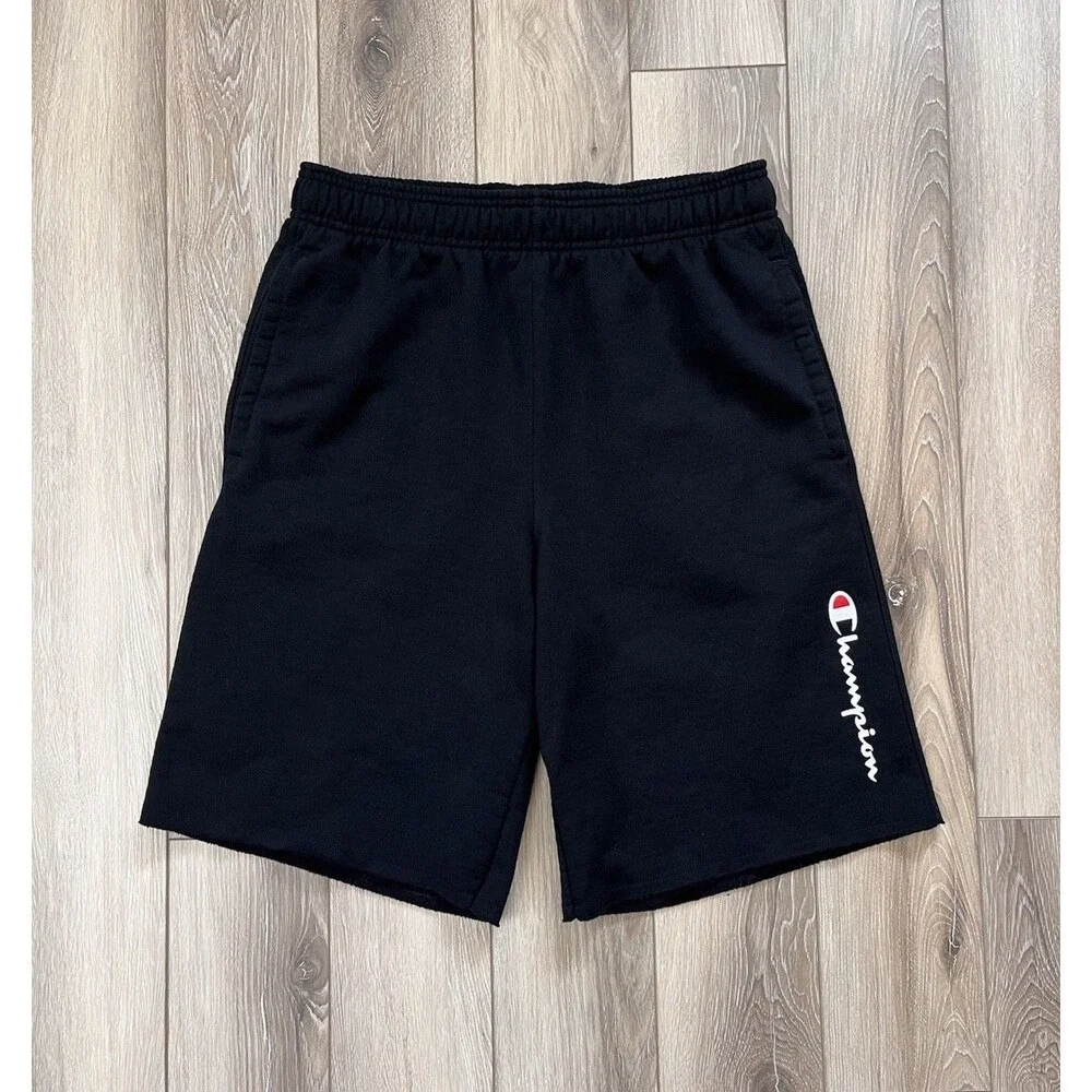 Champion Men’s Fleece Shorts Sz L Black Vertical Script Logo Drawstring Athletic